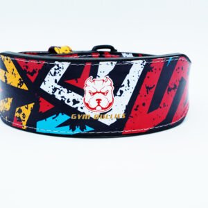 Gym Bullies premium lever weight lifting belt with colorful graffiti design and heavy-duty black lever buckle on a white background.