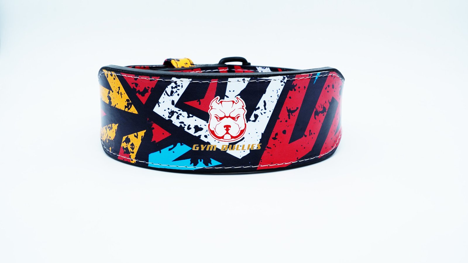 Gym Bullies premium lever weight lifting belt with colorful graffiti design and heavy-duty black lever buckle on a white background.